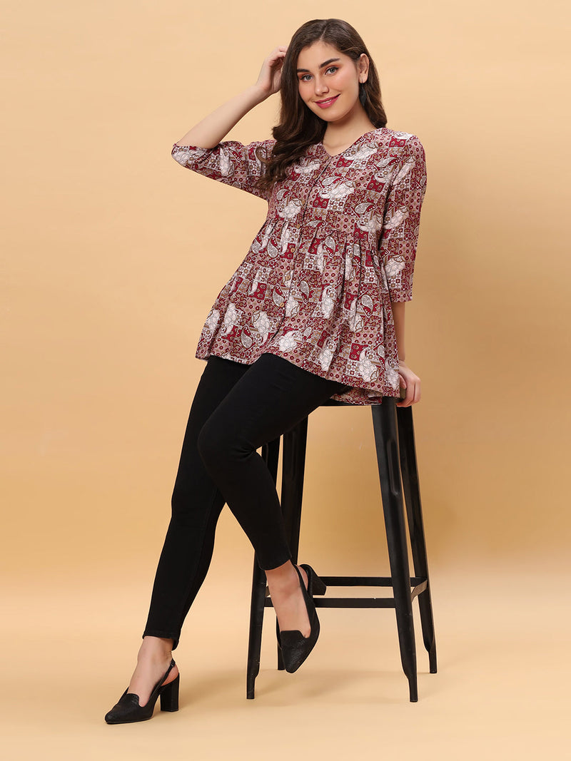 Sea & Mast - Regular Fit Grid Printed Poly Short Kurti, Slip On, Waist Length, Wine, Plus Size