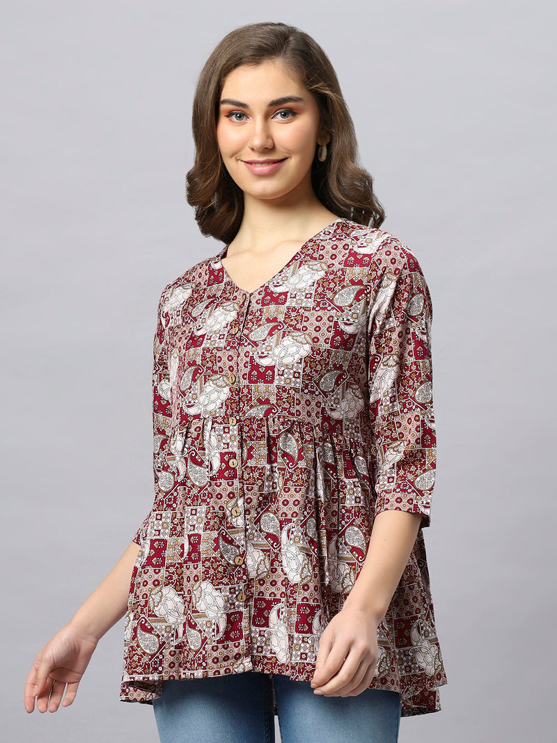 Sea & Mast - Regular Fit Grid Printed Poly Short Kurti, Slip On, Waist Length, Wine, Custom