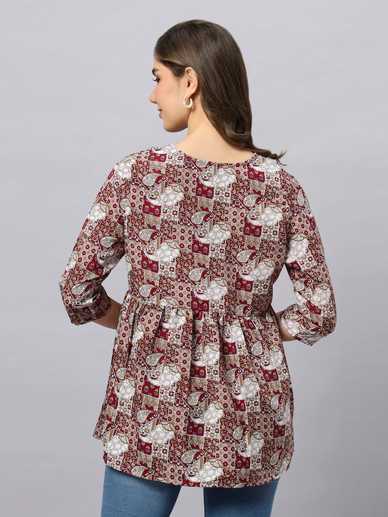 Sea & Mast - Regular Fit Grid Printed Poly Short Kurti, Slip On, Waist Length, Wine, Plus Size