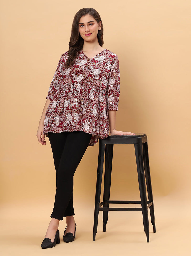 Sea & Mast - Regular Fit Grid Printed Poly Short Kurti, Slip On, Waist Length, Wine, Plus Size