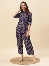 Sea & Mast - Regular Fit Floral Khadi Printed Cotton Co-ords, Collared Button Closure, Waist Length With Elasticated Waist Pant, Navy, Plus Size