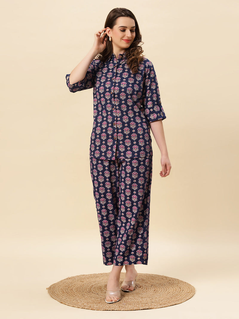 Sea & Mast - Regular Fit Floral Khadi Printed Cotton Co-ords, Collared Button Closure, Waist Length With Elasticated Waist Pant, Navy, Plus Size