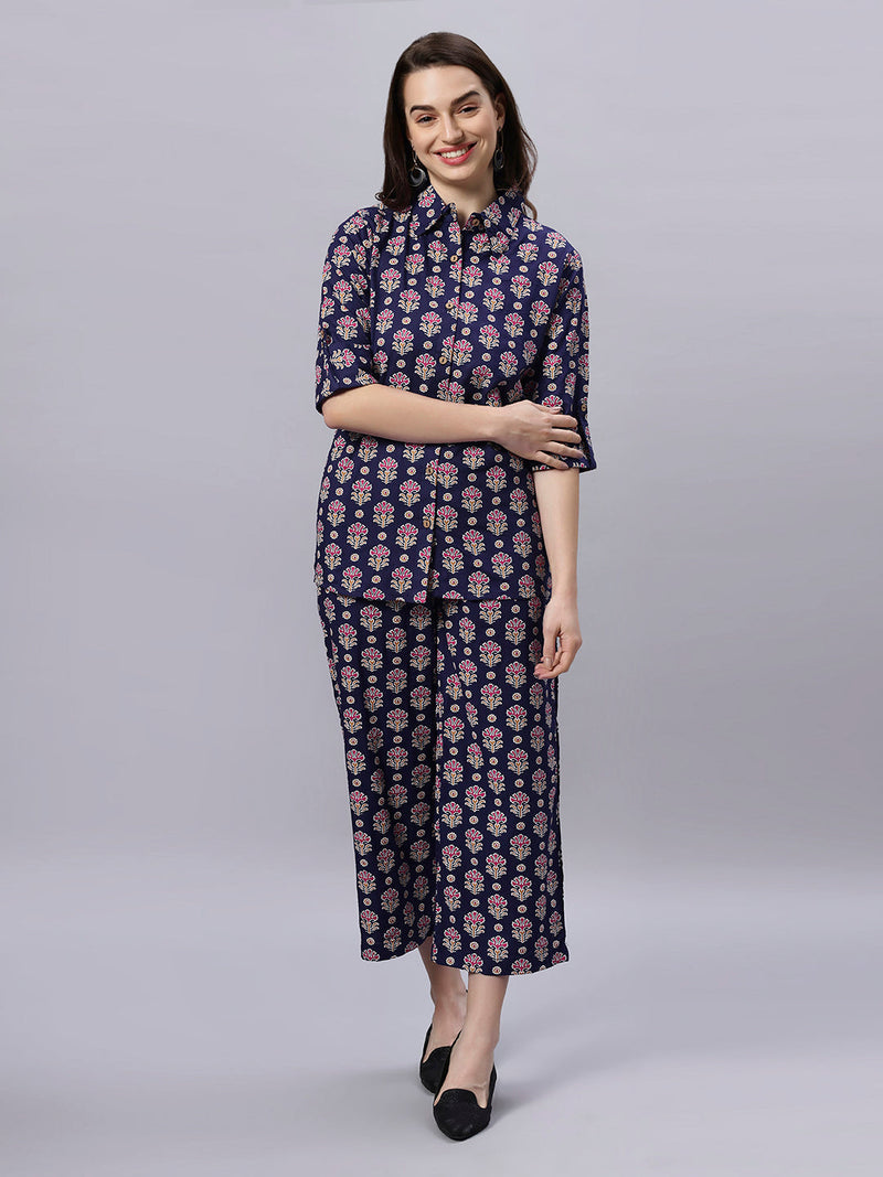 Sea & Mast - Regular Fit Floral Khadi Printed Cotton Co-ords, Collared Button Closure, Waist Length With Elasticated Waist Pant, Navy, Custom