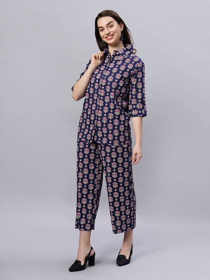 Sea & Mast - Regular Fit Floral Khadi Printed Cotton Co-ords, Collared Button Closure, Waist Length With Elasticated Waist Pant, Navy, Plus Size