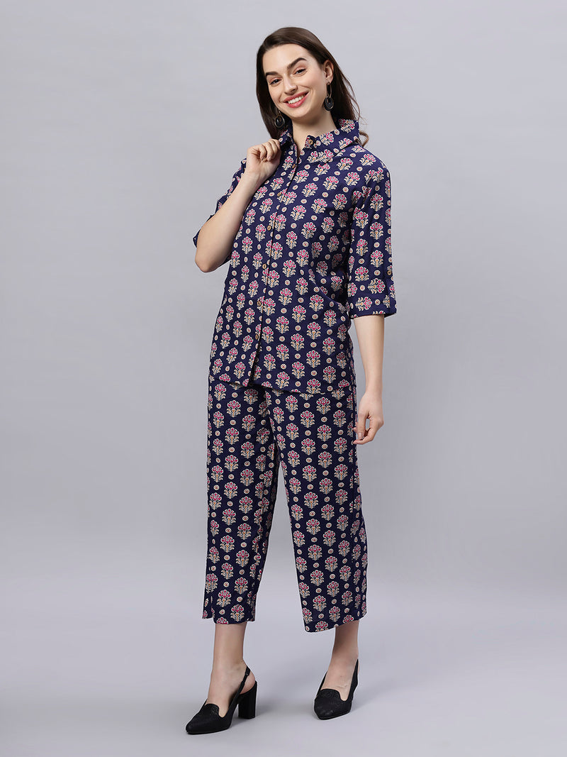 Sea & Mast - Regular Fit Floral Khadi Printed Cotton Co-ords, Collared Button Closure, Waist Length With Elasticated Waist Pant, Navy