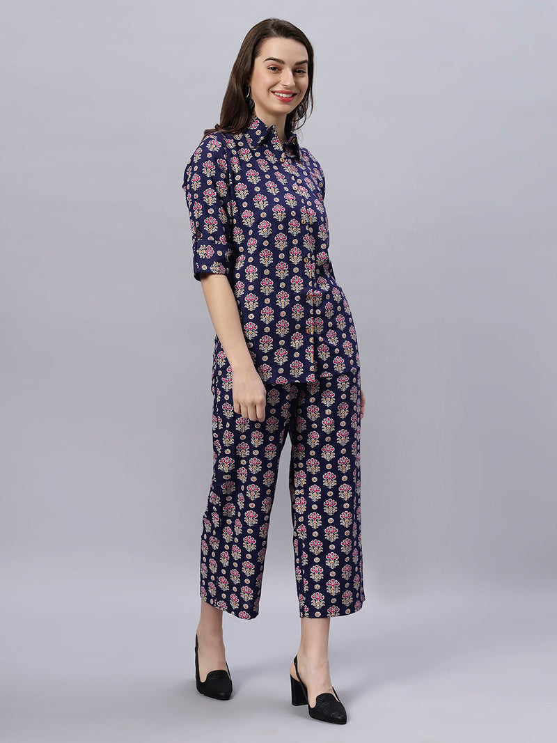 Sea & Mast - Regular Fit Floral Khadi Printed Cotton Co-ords, Collared Button Closure, Waist Length With Elasticated Waist Pant, Navy, Custom