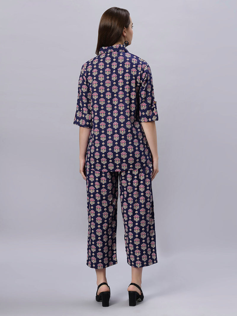 Sea & Mast - Regular Fit Floral Khadi Printed Cotton Co-ords, Collared Button Closure, Waist Length With Elasticated Waist Pant, Navy, Plus Size