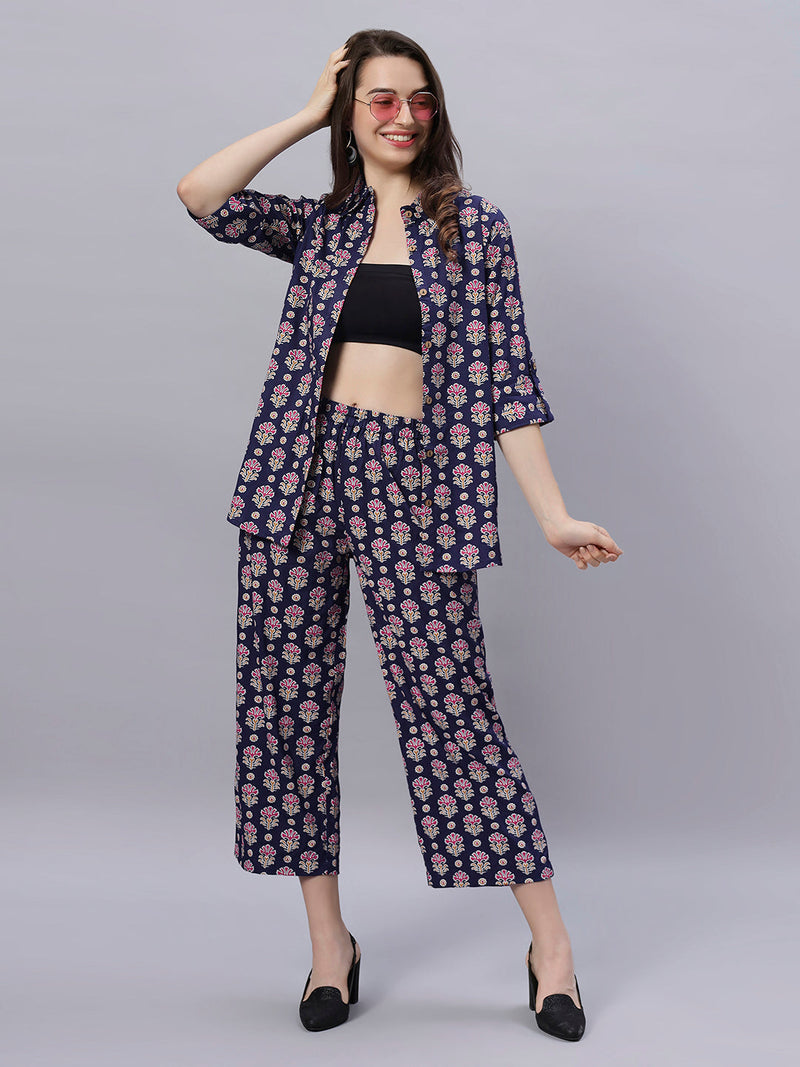 Sea & Mast - Regular Fit Floral Khadi Printed Cotton Co-ords, Collared Button Closure, Waist Length With Elasticated Waist Pant, Navy, Plus Size