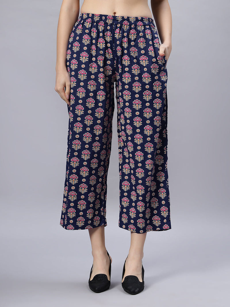 Sea & Mast - Regular Fit Floral Khadi Printed Cotton Co-ords, Collared Button Closure, Waist Length With Elasticated Waist Pant, Navy, Plus Size