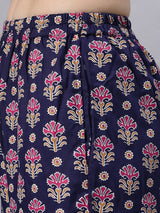 Sea & Mast - Regular Fit Floral Khadi Printed Cotton Co-ords, Collared Button Closure, Waist Length With Elasticated Waist Pant, Navy, Plus Size