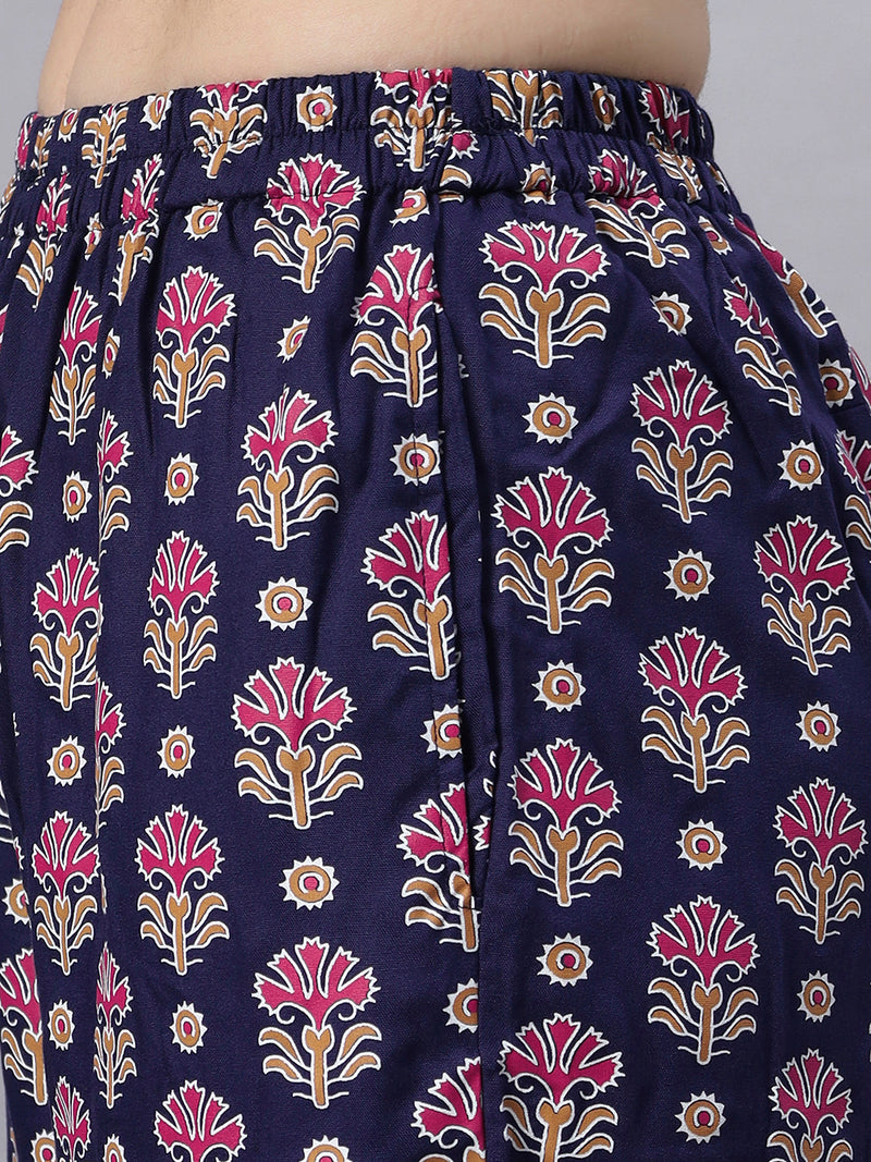 Sea & Mast - Regular Fit Floral Khadi Printed Cotton Co-ords, Collared Button Closure, Waist Length With Elasticated Waist Pant, Navy, Plus Size