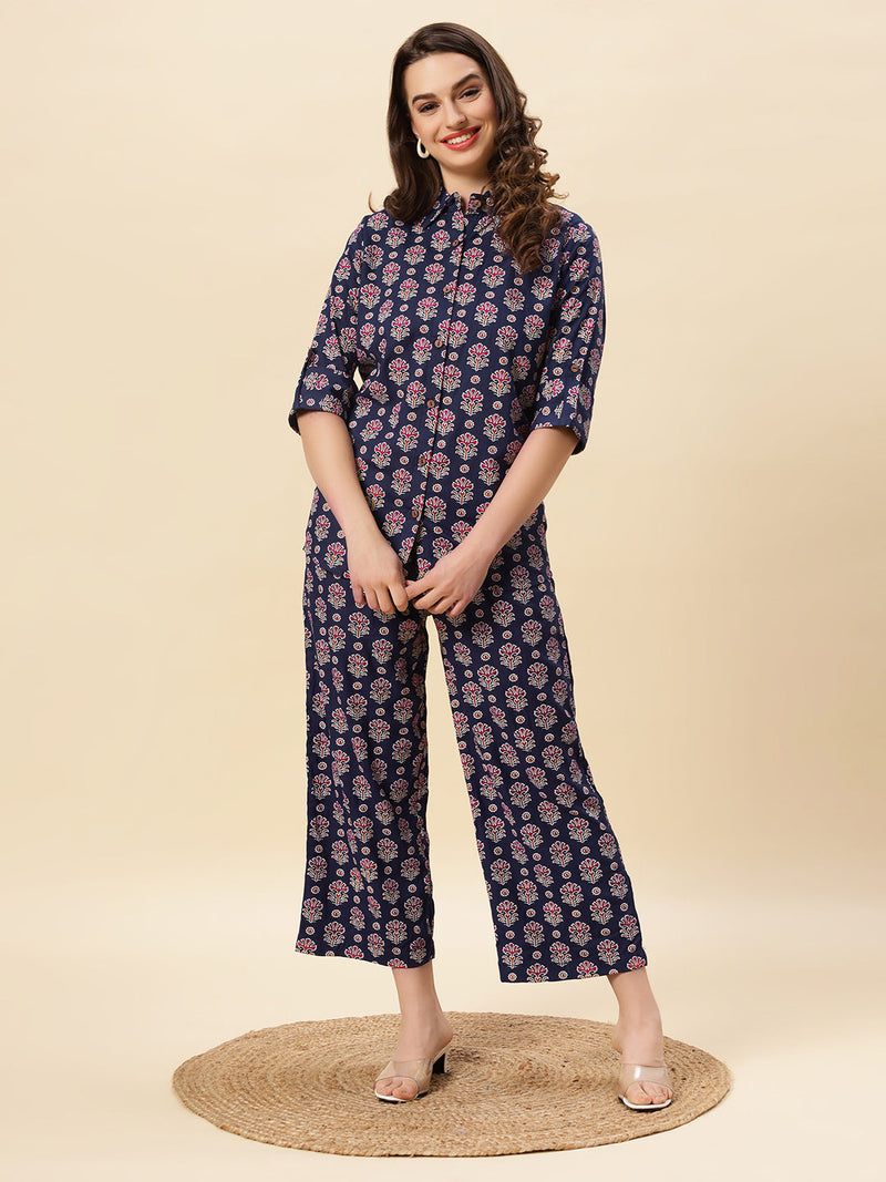 Sea & Mast - Regular Fit Floral Khadi Printed Cotton Co-ords, Collared Button Closure, Waist Length With Elasticated Waist Pant, Navy, Plus Size