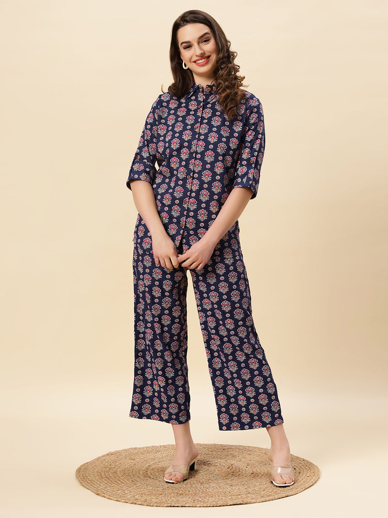 Sea & Mast - Regular Fit Floral Khadi Printed Cotton Co-ords, Collared Button Closure, Waist Length With Elasticated Waist Pant, Navy