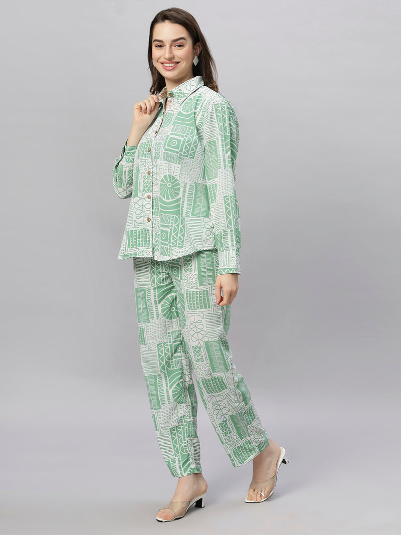 Sea & Mast - Regular Fit Geometric Ink Printed Poly Cord Set, Collared Button Closure, Waist Length With Elasticated Waist Pant, Light Green
