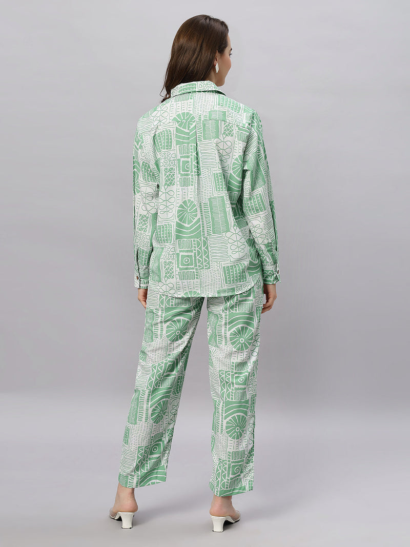 Sea & Mast - Regular Fit Geometric Ink Printed Poly Cord Set, Collared Button Closure, Waist Length With Elasticated Waist Pant, Light Green, Custom