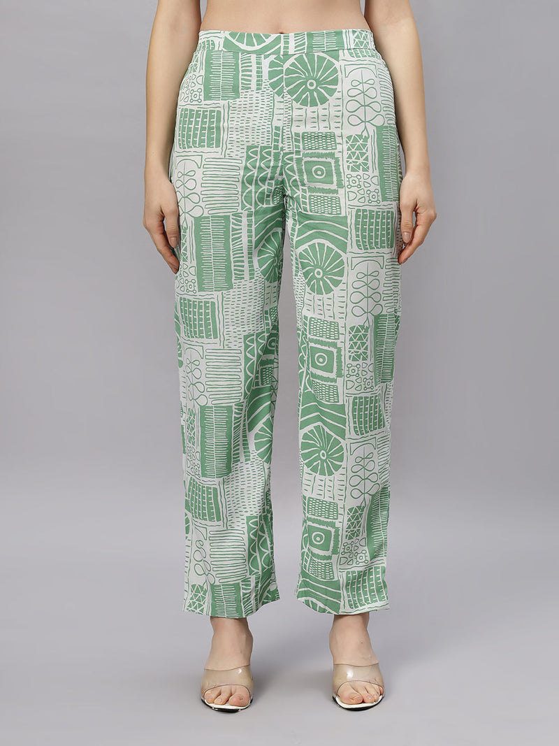 Sea & Mast - Regular Fit Geometric Ink Printed Poly Cord Set, Collared Button Closure, Waist Length With Elasticated Waist Pant, Light Green, Plus Size