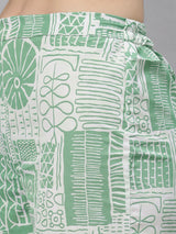 Sea & Mast - Regular Fit Geometric Ink Printed Poly Cord Set, Collared Button Closure, Waist Length With Elasticated Waist Pant, Light Green