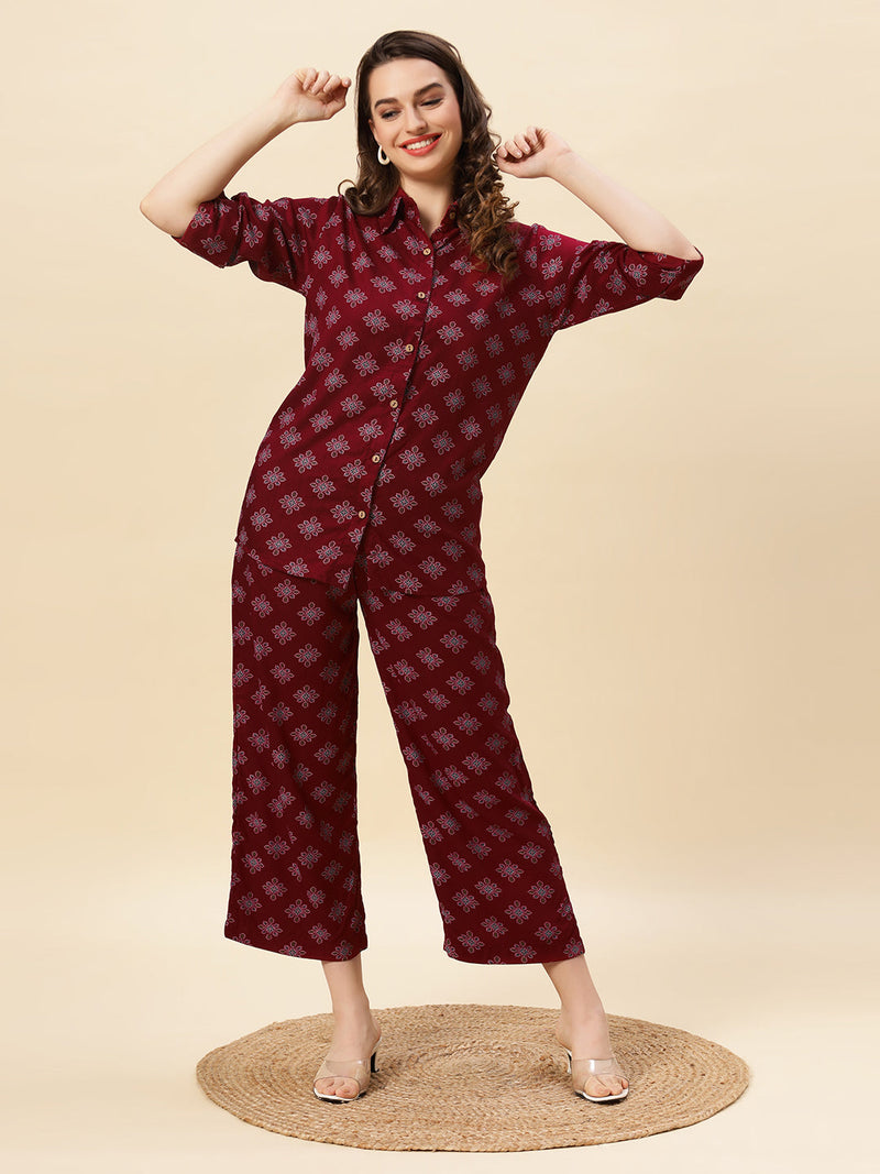 Sea & Mast - Regular Fit Floral Khadi Printed Cotton Co-ords, Collared Button Closure, Waist Length With Elasticated Waist Pant, Wine, Plus Size