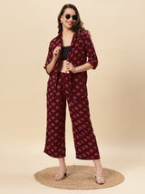 Sea & Mast - Regular Fit Floral Khadi Printed Cotton Co-ords, Collared Button Closure, Waist Length With Elasticated Waist Pant, Wine, Plus Size