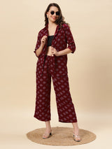 Sea & Mast - Regular Fit Floral Khadi Printed Cotton Co-ords, Collared Button Closure, Waist Length With Elasticated Waist Pant, Wine