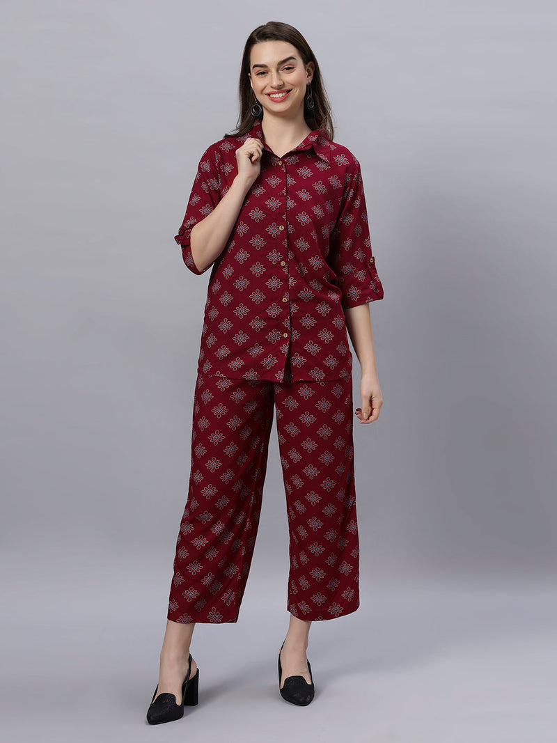 Sea & Mast - Regular Fit Floral Khadi Printed Cotton Co-ords, Collared Button Closure, Waist Length With Elasticated Waist Pant, Wine, Plus Size