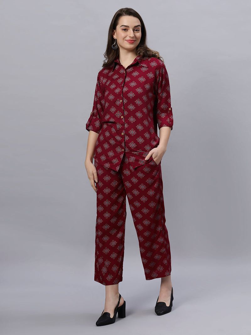 Sea & Mast - Regular Fit Floral Khadi Printed Cotton Co-ords, Collared Button Closure, Waist Length With Elasticated Waist Pant, Wine, Custom