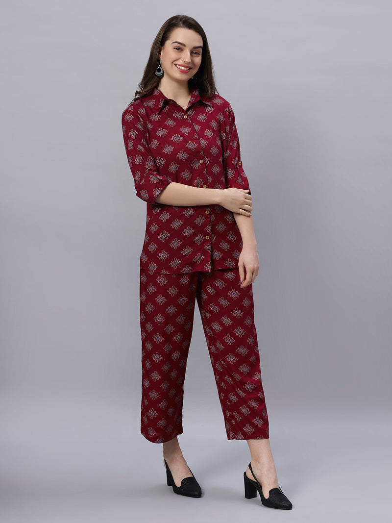 Sea & Mast - Regular Fit Floral Khadi Printed Cotton Co-ords, Collared Button Closure, Waist Length With Elasticated Waist Pant, Wine