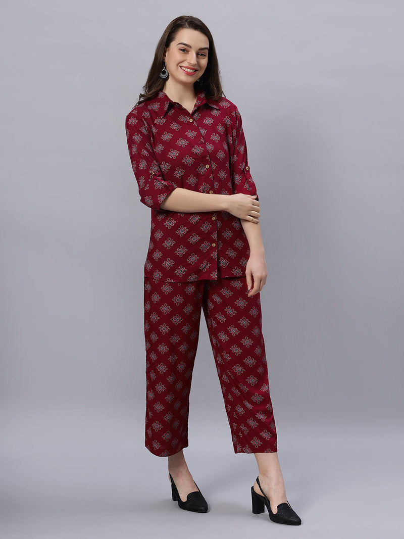 Sea & Mast - Regular Fit Floral Khadi Printed Cotton Co-ords, Collared Button Closure, Waist Length With Elasticated Waist Pant, Wine, Custom