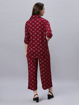 Sea & Mast - Regular Fit Floral Khadi Printed Cotton Co-ords, Collared Button Closure, Waist Length With Elasticated Waist Pant, Wine, Plus Size