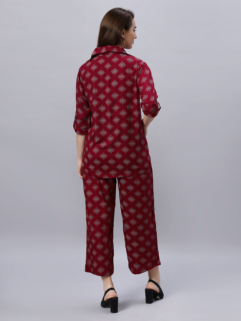 Sea & Mast - Regular Fit Floral Khadi Printed Cotton Co-ords, Collared Button Closure, Waist Length With Elasticated Waist Pant, Wine