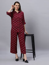 Sea & Mast - Regular Fit Floral Khadi Printed Cotton Co-ords, Collared Button Closure, Waist Length With Elasticated Waist Pant, Wine