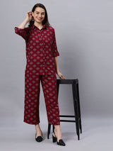 Sea & Mast - Regular Fit Floral Khadi Printed Cotton Co-ords, Collared Button Closure, Waist Length With Elasticated Waist Pant, Wine, Custom