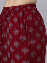 Sea & Mast - Regular Fit Floral Khadi Printed Cotton Co-ords, Collared Button Closure, Waist Length With Elasticated Waist Pant, Wine