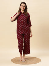 Sea & Mast - Regular Fit Floral Khadi Printed Cotton Co-ords, Collared Button Closure, Waist Length With Elasticated Waist Pant, Wine, Plus Size