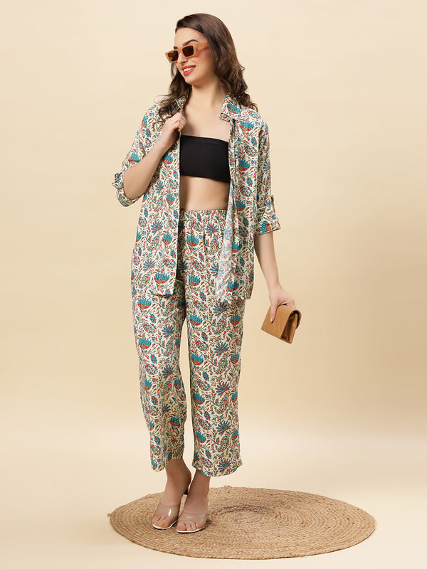 Sea & Mast - Regular Fit Floral Foil Printed Cotton Co-ords, Collared Button Closure, Waist Length With Elasticated Waist Pant, Light Blue