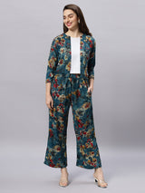 Sea & Mast - Stretchable Procion Foil Printed Cotton Co-ords, Slip On with attached Shrug, Waist Length With Elasticated Waist Pant, Denim Blue