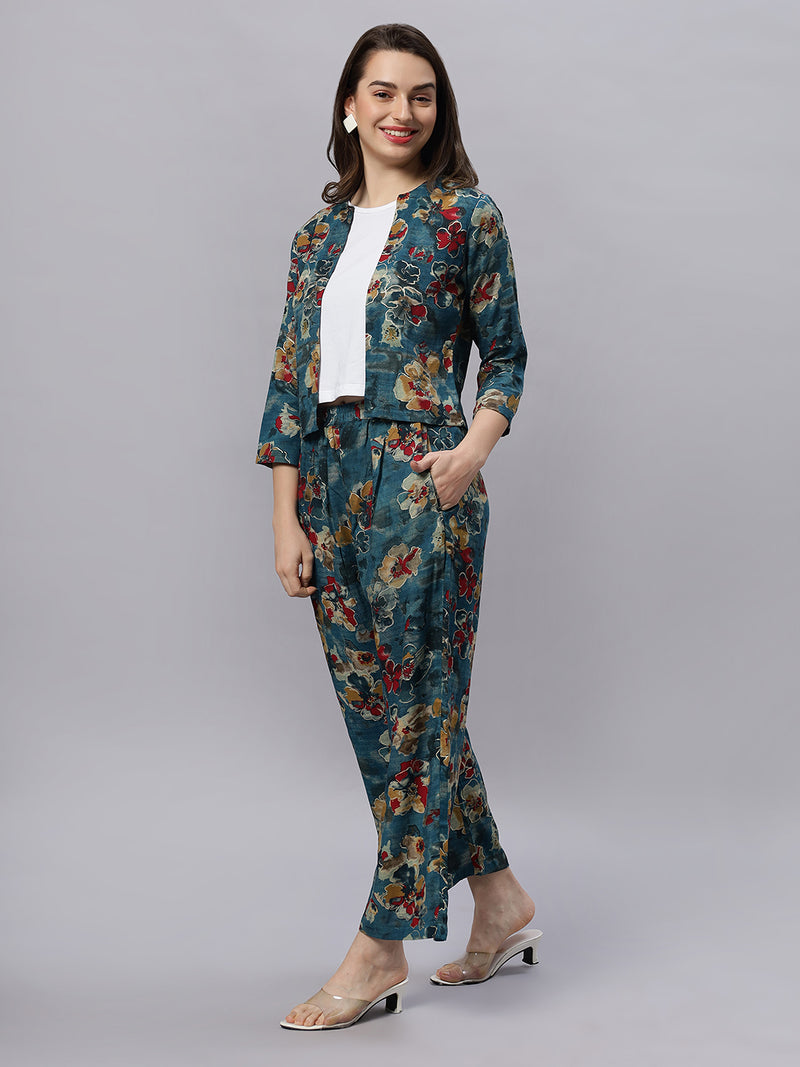 Sea & Mast - Stretchable Procion Foil Printed Cotton Co-ords, Slip On with attached Shrug, Waist Length With Elasticated Waist Pant, Denim Blue