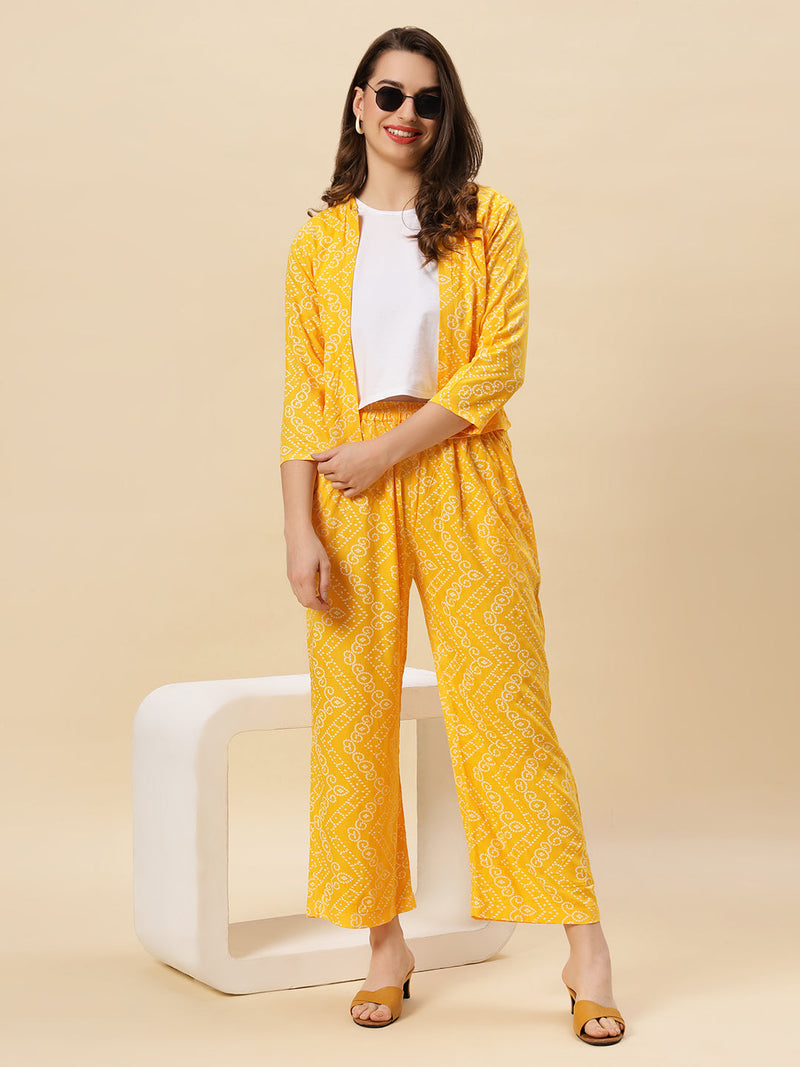 Sea & Mast - Stretchable Khadi Printed Cotton Co-ords, Slip On with attached Shrug, Waist Length With Elasticated Waist Pant, Yellow, Plus Size