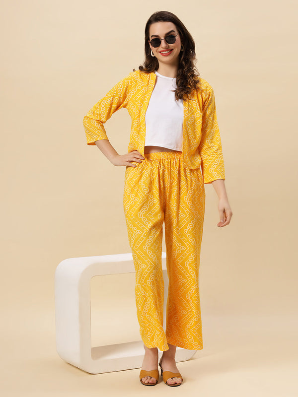 Sea & Mast - Stretchable Khadi Printed Cotton Co-ords, Slip On with attached Shrug, Waist Length With Elasticated Waist Pant, Yellow, Custom