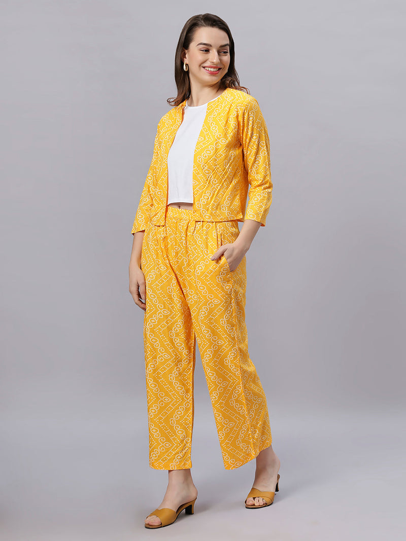 Sea & Mast - Stretchable Khadi Printed Cotton Co-ords, Slip On with attached Shrug, Waist Length With Elasticated Waist Pant, Yellow, Custom