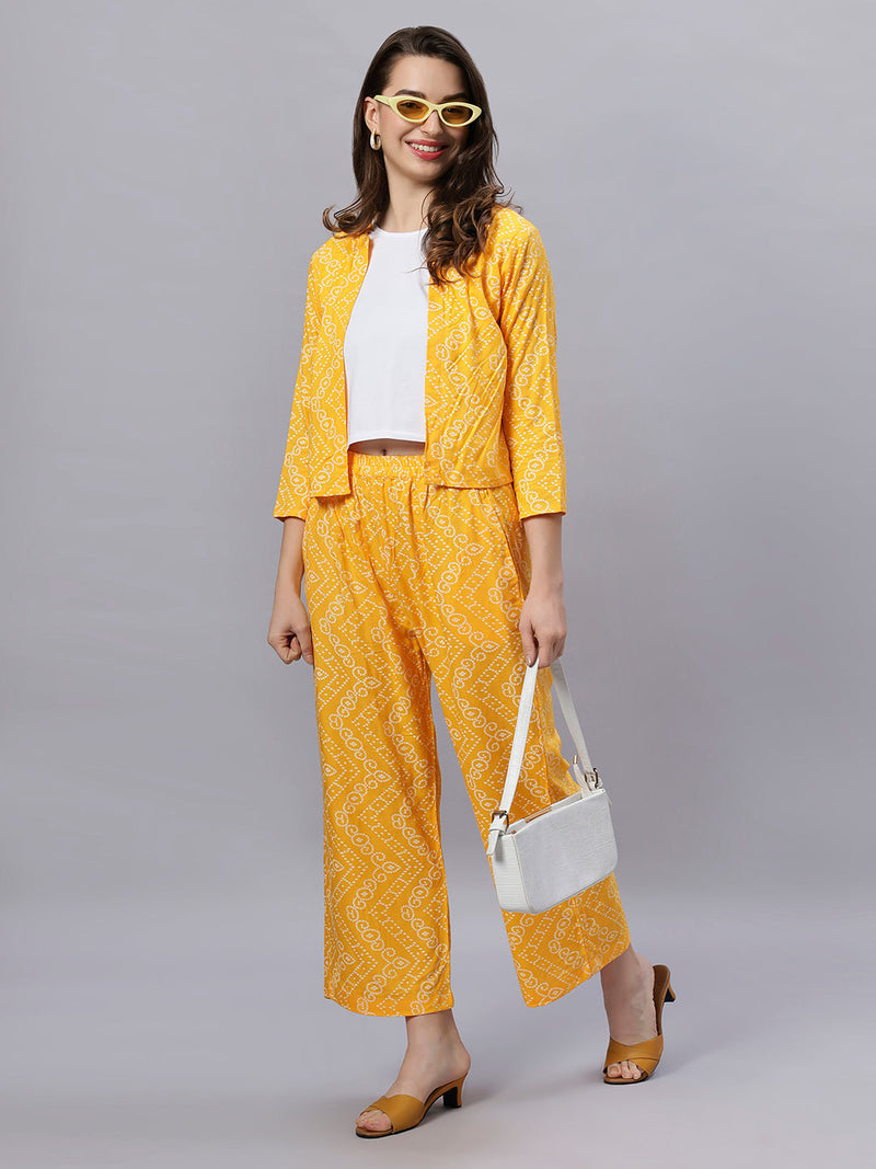 Sea & Mast - Stretchable Khadi Printed Cotton Co-ords, Slip On with attached Shrug, Waist Length With Elasticated Waist Pant, Yellow, Plus Size