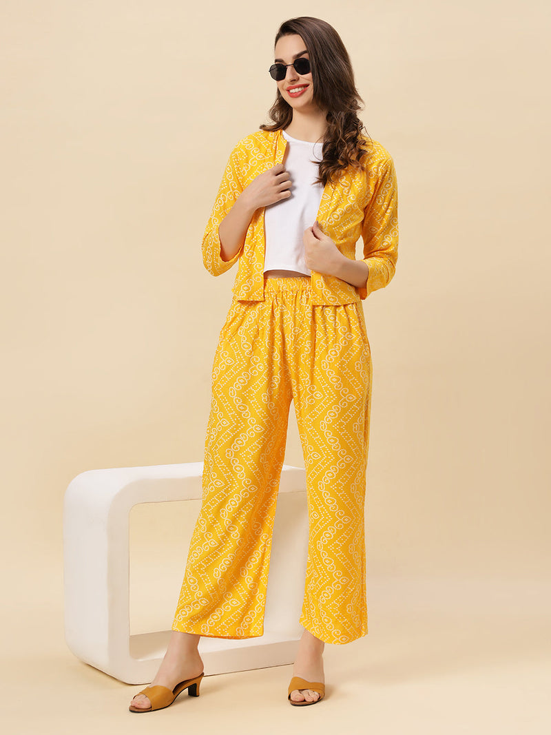 Sea & Mast - Stretchable Khadi Printed Cotton Co-ords, Slip On with attached Shrug, Waist Length With Elasticated Waist Pant, Yellow, Custom