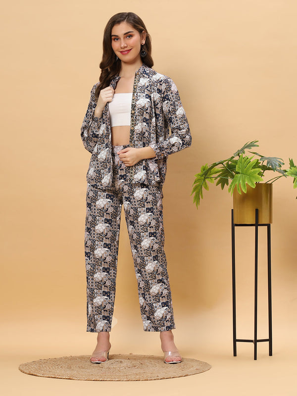 Sea & Mast - Regular Fit Grid Print Poly Cord Set, Collared Button Closure, Waist Length With Elasticated Waist Pant, Navy, Plus Size