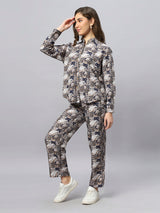 Sea & Mast - Regular Fit Grid Print Poly Cord Set, Collared Button Closure, Waist Length With Elasticated Waist Pant, Navy