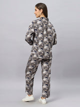 Sea & Mast - Regular Fit Grid Print Poly Cord Set, Collared Button Closure, Waist Length With Elasticated Waist Pant, Navy