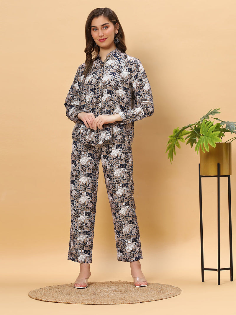 Sea & Mast - Regular Fit Grid Print Poly Cord Set, Collared Button Closure, Waist Length With Elasticated Waist Pant, Navy, Plus Size