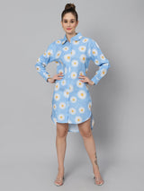 Sea & Mast - Regular Fit Floral Linen Shirt Kurti, Collared Button Closure Knee Length, Skyblue, Custom