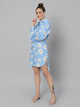 Sea & Mast - Regular Fit Floral Linen Shirt Kurti, Collared Button Closure Knee Length, Skyblue, Plus Size