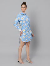 Sea & Mast - Regular Fit Floral Linen Shirt Kurti, Collared Button Closure Knee Length, Skyblue, Plus Size