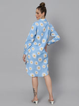 Sea & Mast - Regular Fit Floral Linen Shirt Kurti, Collared Button Closure Knee Length, Skyblue, Custom